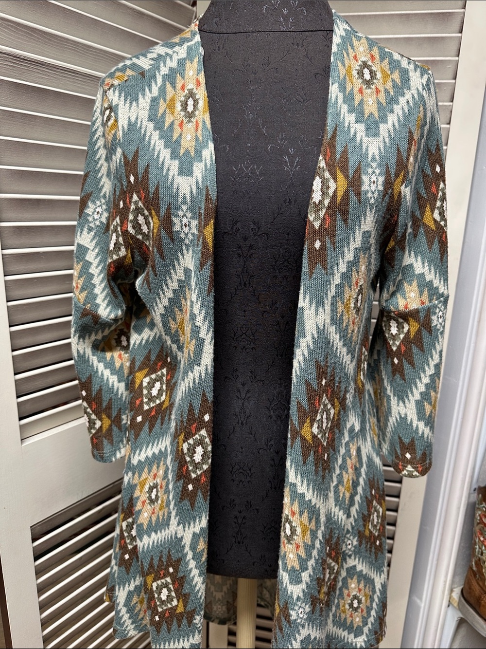 Open-Front Aztec Knit Cardigan Sweater in Teal and Brown